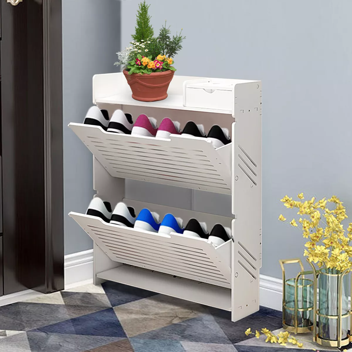 Modern Entryway White Shoe Storage Narrow Shoe Cabinet with 2 Flip Doors &  1 Drawer