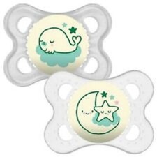 2 - MAM GREEN GLOW IN THE DARK PACIFIERS - NIGHT COLLECTION - 0-6 MONTHS