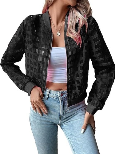 NEW SHEER BOMBER CROPPED JACKET 4-COLORS unique leisure WHITE concert casual SML - Picture 8 of 12
