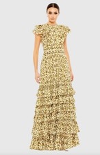 Mac Duggal 70114 Tiered Ruffle High Neck Gown Size 18 Floral Vines Cottagecore