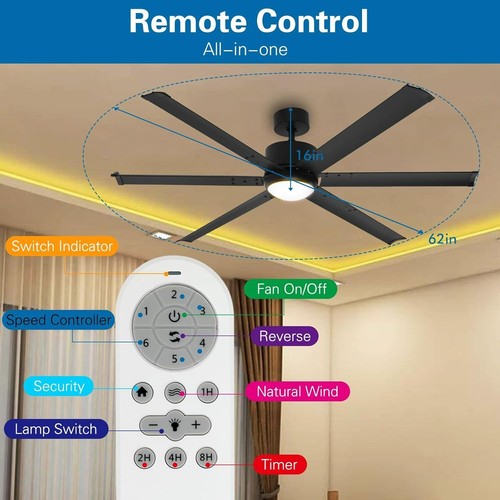 62" Ceiling Fans with Light and Remote 6 Aluminum Blades Quiet 6-Speed 1382 - Picture 2 of 6