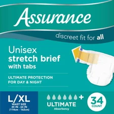 Assurance Unisex Incontinence Stretch Briefs with Tabs for Adults L/XL ,34 Count