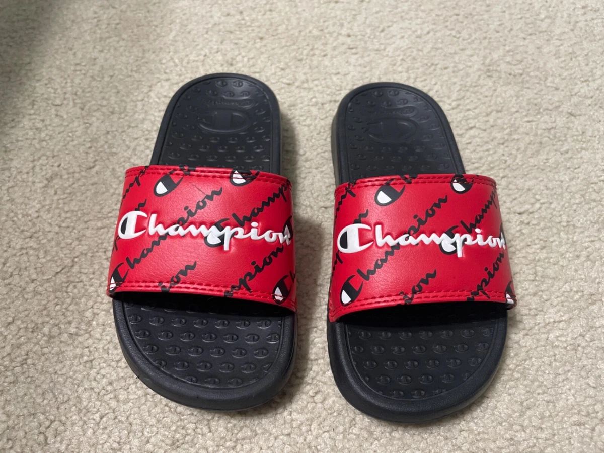 Champion Slides Logo Red Black Youth Sandals Slides Youth Size 11