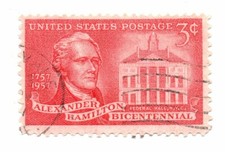 US 3 Cent Alexander Hamilton and Federal Hall Stamp 1956 Scott 1086 Used (a1)