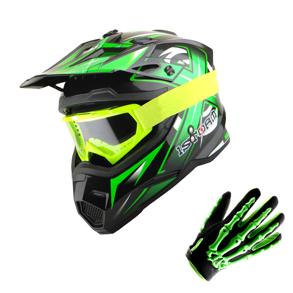 1Storm DOT Adult Motocross Helmet MX BMX Bike Racing Green+MX Gloves+MX  Goggles