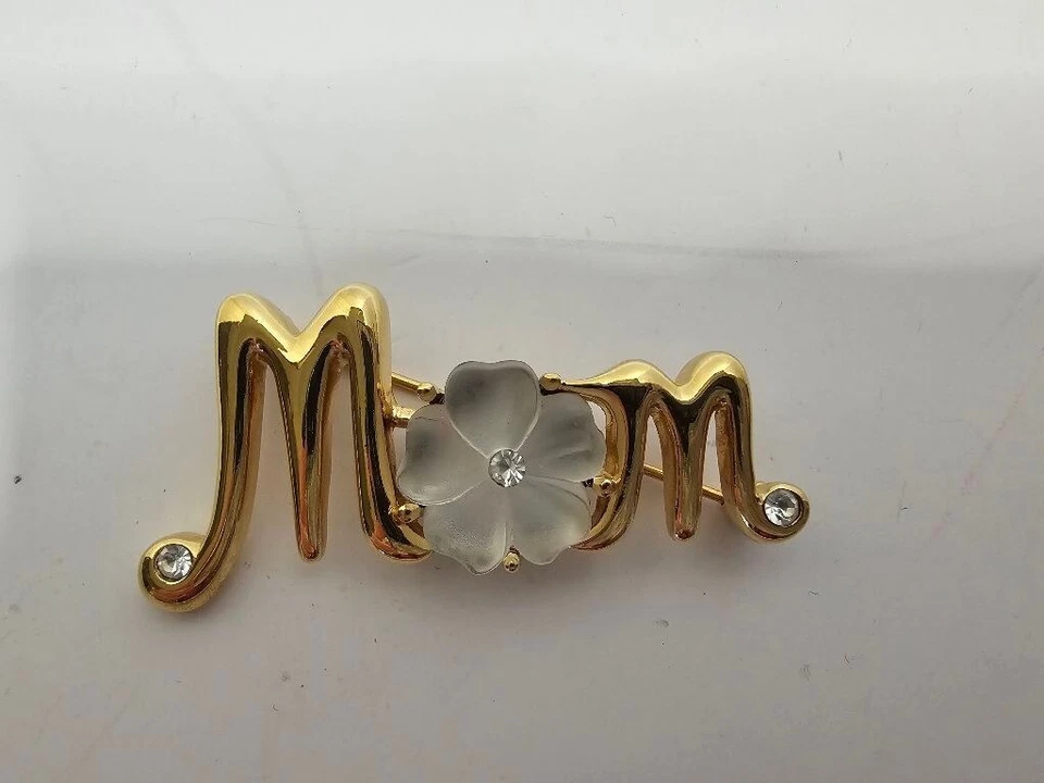 VTG Monet "Mom" Flower Brooch - Gold White Rhinestone - Image 2 of 4