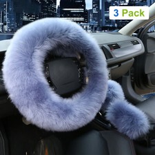 3pcs Car Steering Wheel Cover Furry Fluffy Universal Fur Wool Thick Gray 15