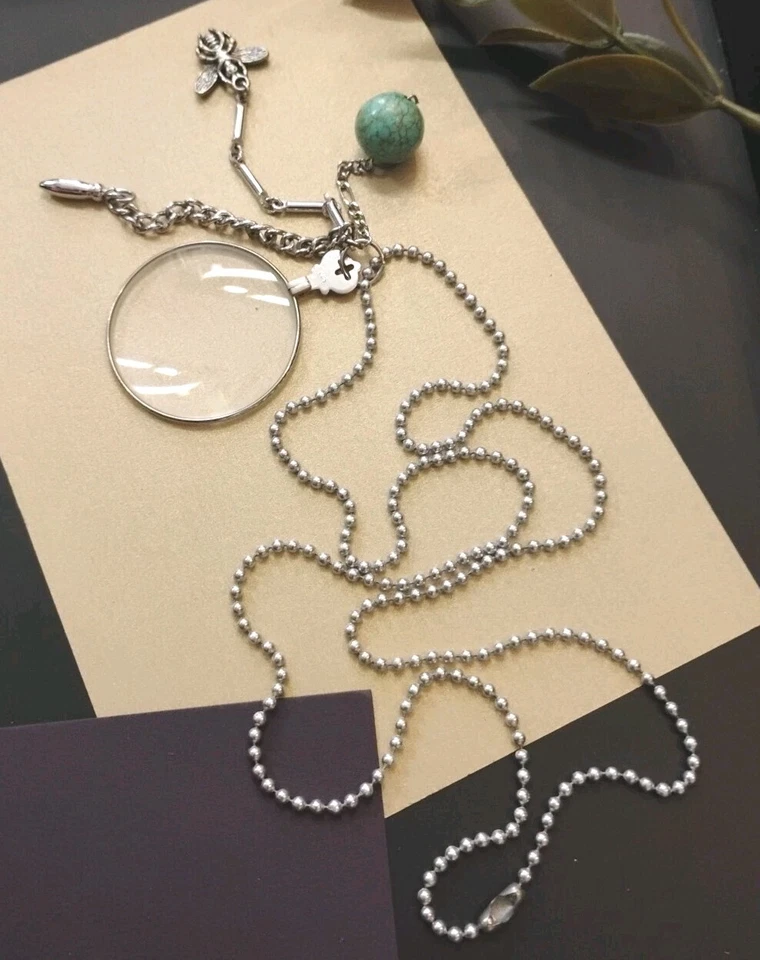 Collar de 26" con cadena de bola estilo Chatelaine lente óptica sin firmar, ¡abeja y piedra! Foto 2 de 4