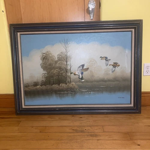 Vintage Oil Painting Original Signed Y. Raymond Ducks Flying Framed Nature