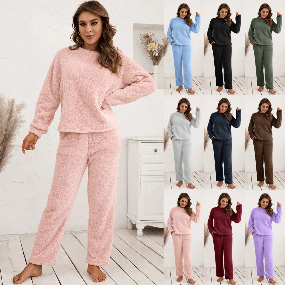 Womens Fluffy Fleece Fur Tops Pants Pyjamas Nightwear Teddy Bear Pajamas  Set PJs