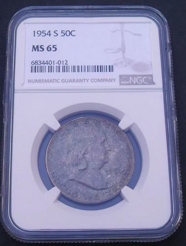 1954-S  50 C,  NGC MS 65, attractive toning   , nice   silver coin     # 1608