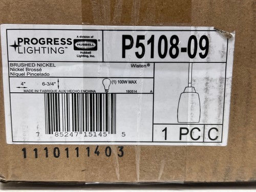 Progress Lighting P5108-09 Wisten 1-Light Brushed Nickel Mini Pendant New - Picture 2 of 2