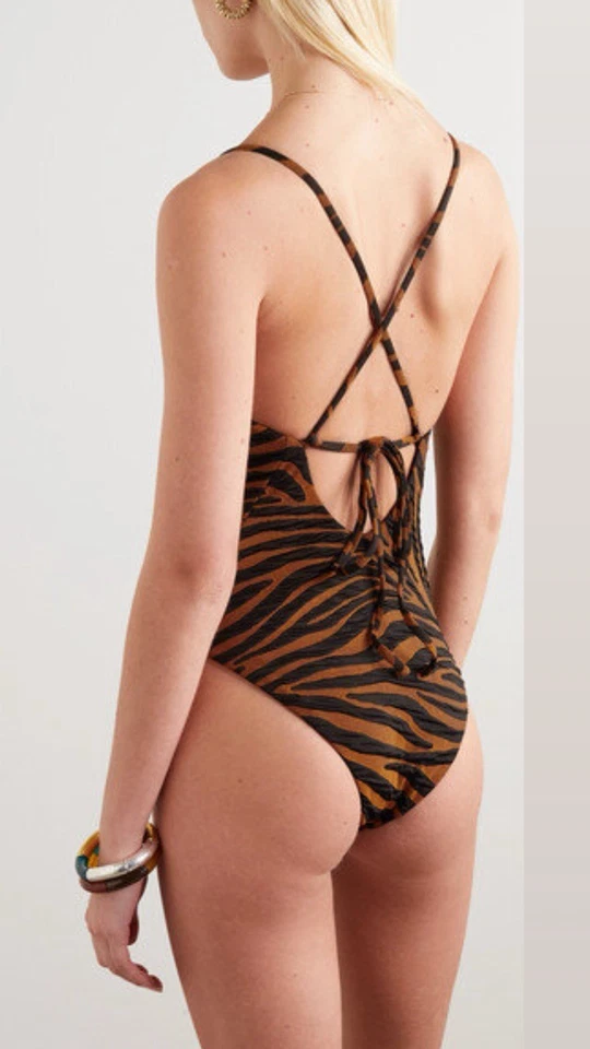 Traje de baño Mara Hoffman Emma Tiger a rayas espalda cruzada de una pieza XS negro y marrón Foto 2 de 4