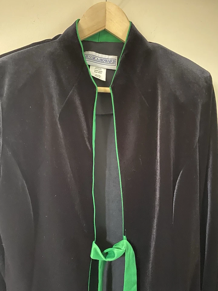 Jessica Howard Negro Terciopelo Verde Satén Chaqueta Pantalón Traje Nuevo con Etiquetas  Foto 3 de 4
