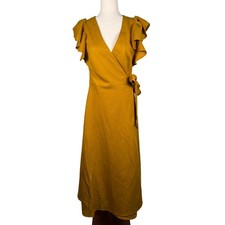 Madewell Mustard Yellow Linen Blend Flutter Sleeve Wrap Midi Dress XS Classic