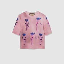 GUCCI Pink Floral Print Fine Wool-Silk Short Sleeve Sweater Size S