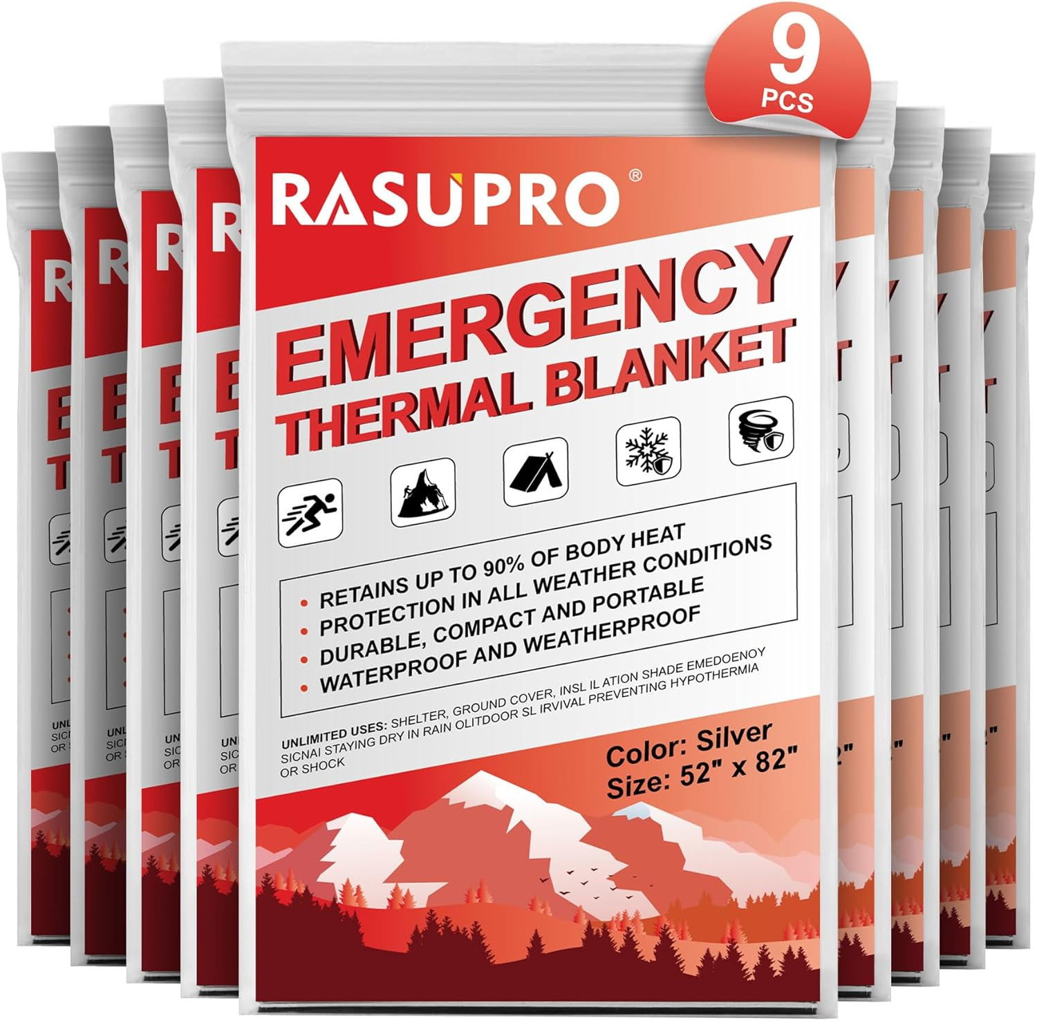 9 Pack Emergency Blankets, Outdoor Survival Emergency Insulated Gear, Mylar Ther