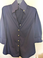 Women's Lands' End Navy/ Blue Solid Button-Up Shirt Collar 3/4 Sleeve Size 8 (M)