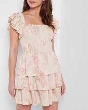 Brand new Women's Express Watercolor Print Smocked Tiered Ruffle Dress, size sma