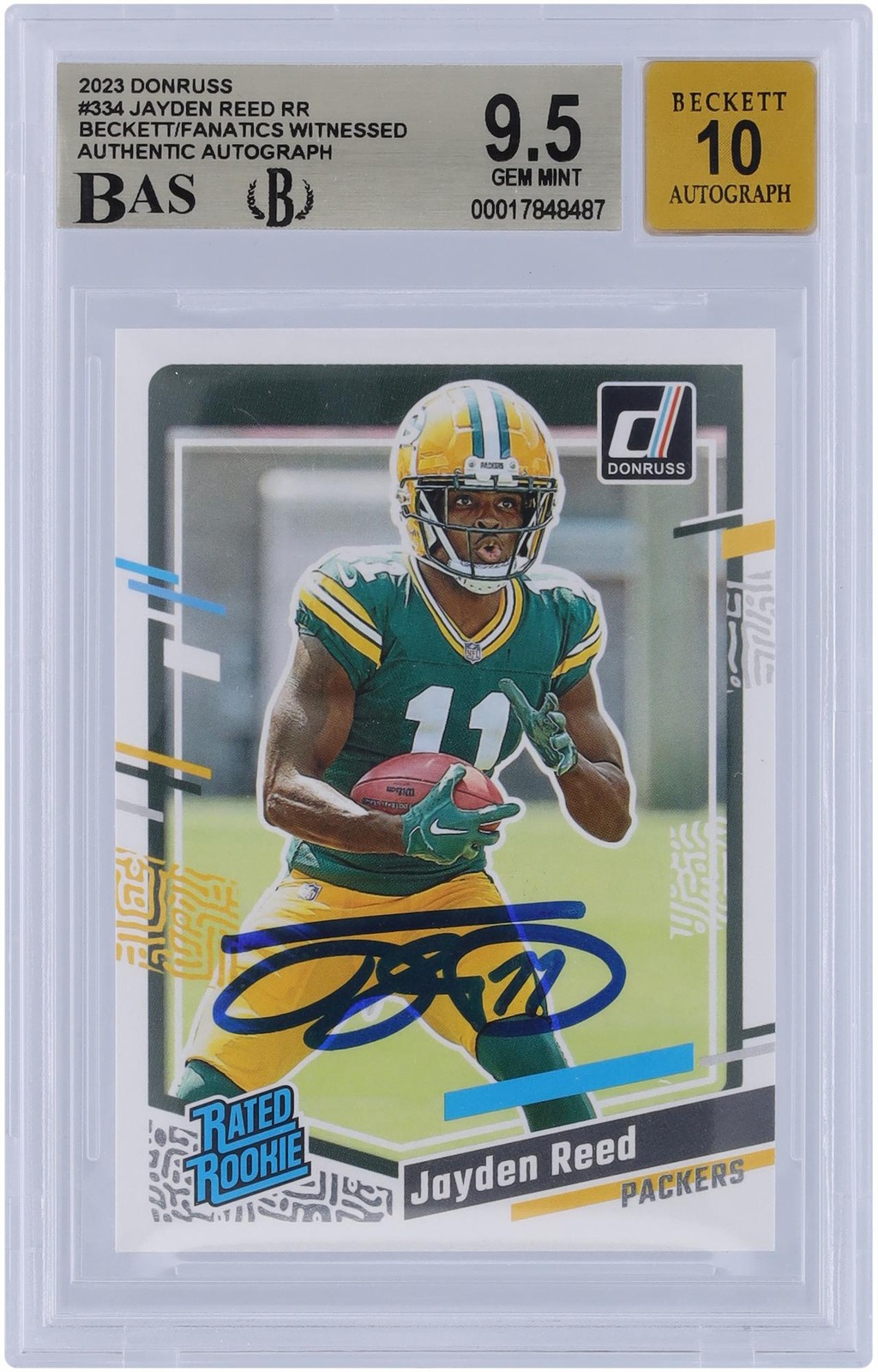 Jayden Reed Packers Signed 2023 Panini Donruss #334 Beckett 9.5/10 Rookie Card