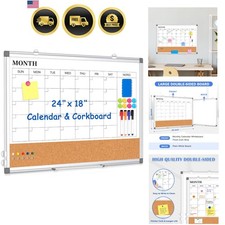 Monthly Calendar Whiteboard Dry Erase Cork Board Combo for Wall, 24" x 18" Do...