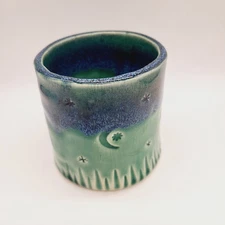 Studio Art Pottery Blue Green Moon Stars Tella Tealight Candle Votive Holder 