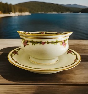 Theodore Haviland Limoges Round Gravy Boat Pink Roses Black Link Schleiger H282