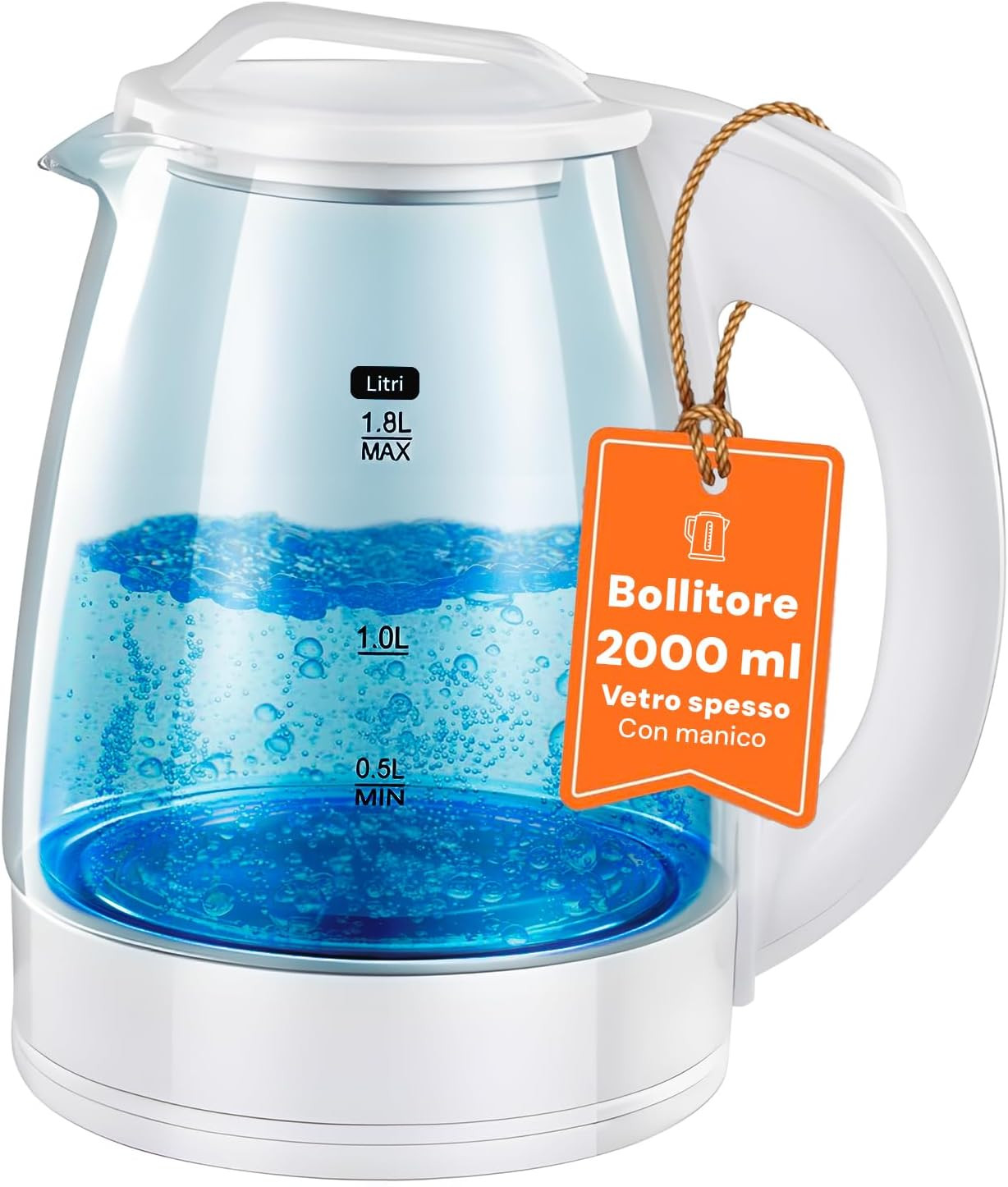 Bollitore Elettrico 2L Vetro Sicuro: 1500W Senza BPA per Tutta la Famiglia