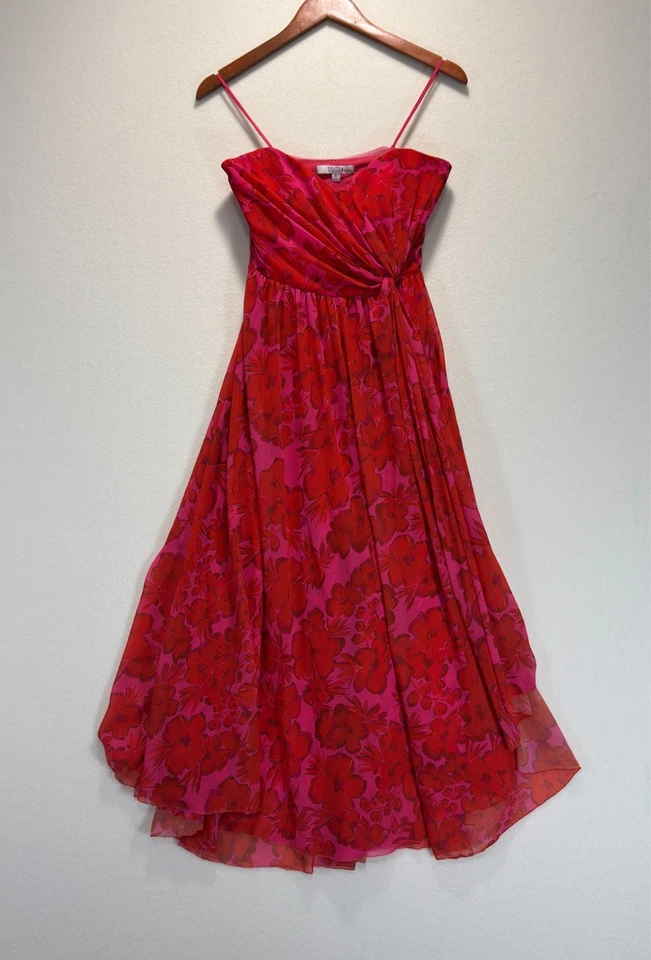 Badgley Mischka Womens Red Floral Drape Strapless Gown Dress Size 6 Retail $1100 - Image 4 of 4
