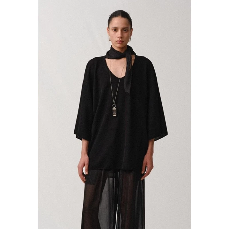 THE ROW Womens Deep U-neck Loose Knitted Tee Long-sleeved Top - Image 4 of 4