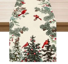 Cardinal Birds Winter Pine Tree Christmas Xmas Table Runner Table Decoration for