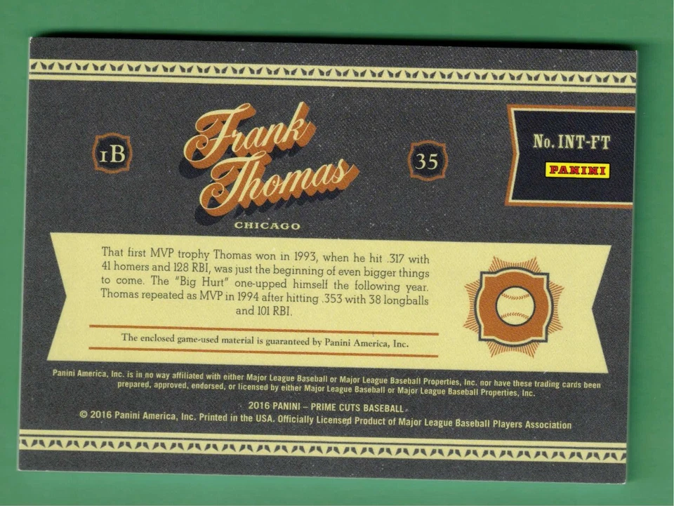 2016 PANINI PLAYOFF PRIME CUTS FRANK THOMAS TRIPLE JERSEY PATCH ICONS 4/5 - Image 2 of 2