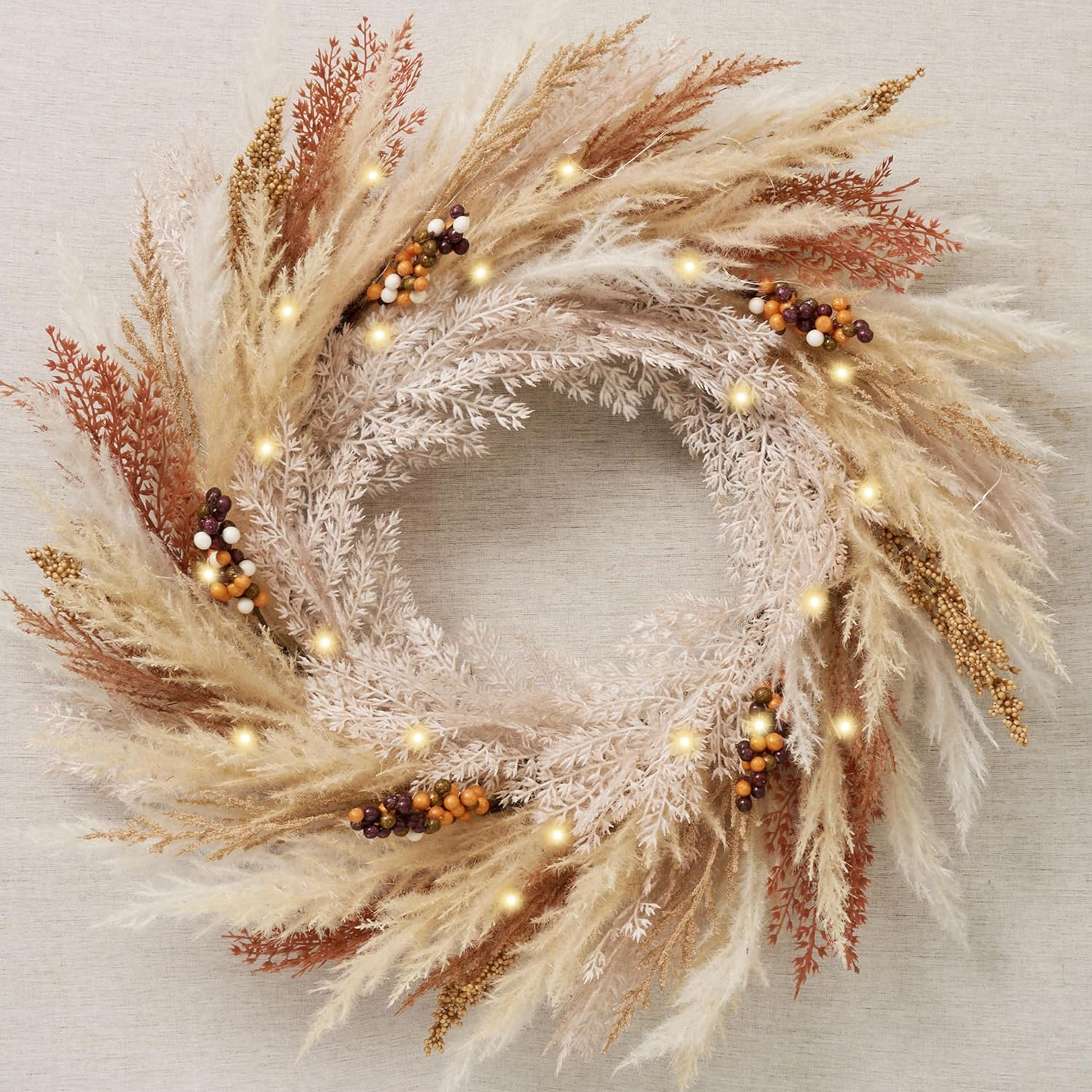 24-Inch Pre-Lit Faux Pampas Fall Wreath for Front Door - Collapsible & Artificial