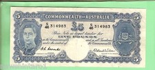  1952  AUSTRALIAN  COOMBS / WILSON  FIVE POUND  BANKNOTE  #S46 314983