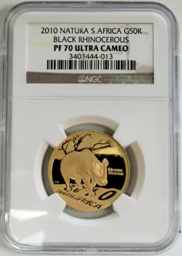 2010 GOLD SOUTH AFRICA NGC PROOF 70 UC 50 RAND BLACK RHINO NATURA 1/2oz