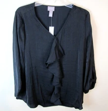 Chico's Femme Ruffle Front Top 3/4 Sleeve Black Fashion Top Blouse NEW!