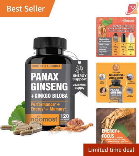 Ginseng Capsules 120 Count Energy Focus Ginkgo Biloba Boost Performance