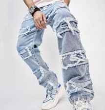 Men's Blue Tassels Straight Leg Denim Jeans Casual Punk Pants Trousers Hip Hop