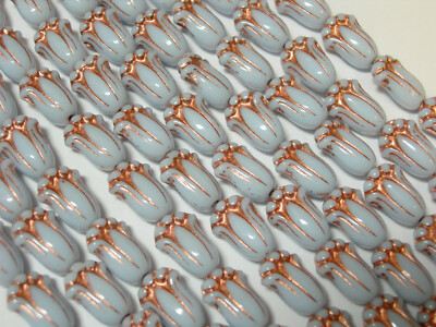 12 beads - Light Blue and Copper Czech Glass Tulip Flower Beads 10x7mm