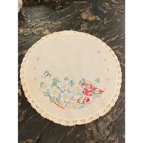 Vintage hand embroidered For You circle doily