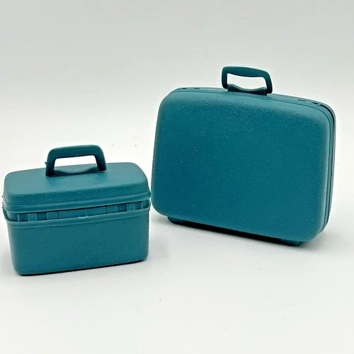 Vtg Barbie Ken Francie Doll Teal Blue 2 Pc Samsonite Luggage Suitcase Train Case