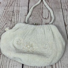 50s Regale Off-White Floral Beaded Evening Purse with Hand Strap and Metal Clasp