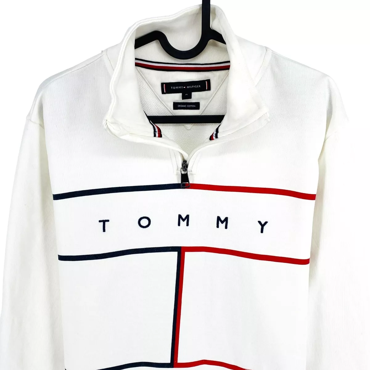 TOMMY HILFIGER White Large Flag Zip Mock Neck Sweater Jumper Size