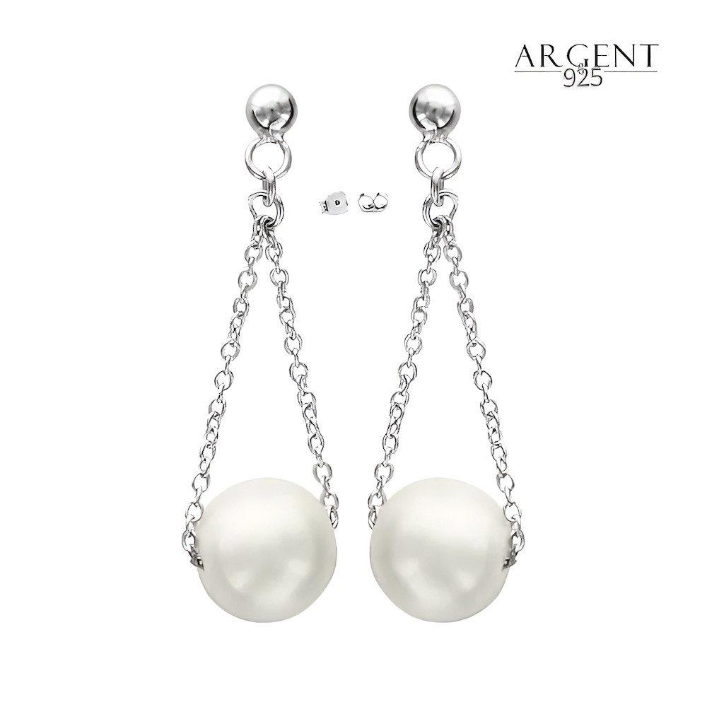 Boucles d'oreilles pendantes en argent 925 massif et perle blanche de 8mm pour femme