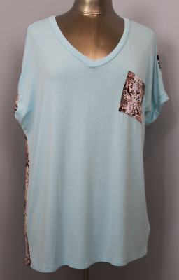 Blue Brown Snake Print Shirt Women Size L Chest 44 V-Neck Short