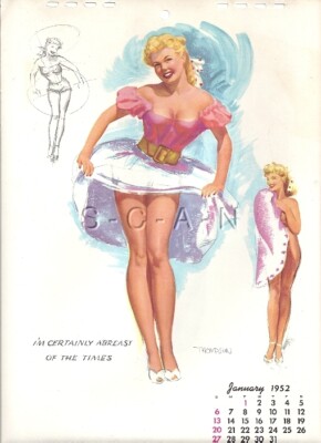 Org Vintage 2 Sided Pinup Calendar- Thompson- Harem & Skirt Up- Jan & Dec 1952