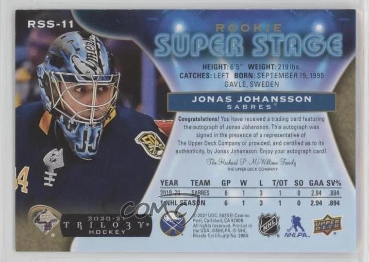 2020 Upper Deck Trilogy Rookie Super Stage Gold Foil /65 Jonas Johansson Auto RC - Image 2 of 2
