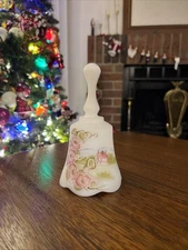 Fenton BELL Music Box White Satin Glass Musical Hand Painted Pink Floral Signed