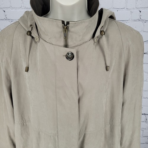 Gallery Khaki Brown Removable Faux Fur Hood Liner Zip Button Long Trench Coat 14 - Picture 9 of 18