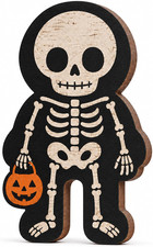 Skeleton Wooden Halloween Sign, 5 Inch Spooky Shelf Decor Tabletop Wood Block fo